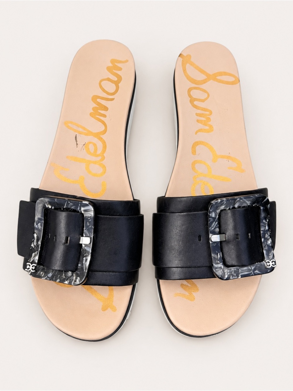 Sam Edelman Black Platform Slide Sandals Marbled Buckle Size 11